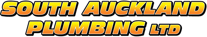 South Auckland Plumbing Ltd logo with bold yellow and orange text on a black background.