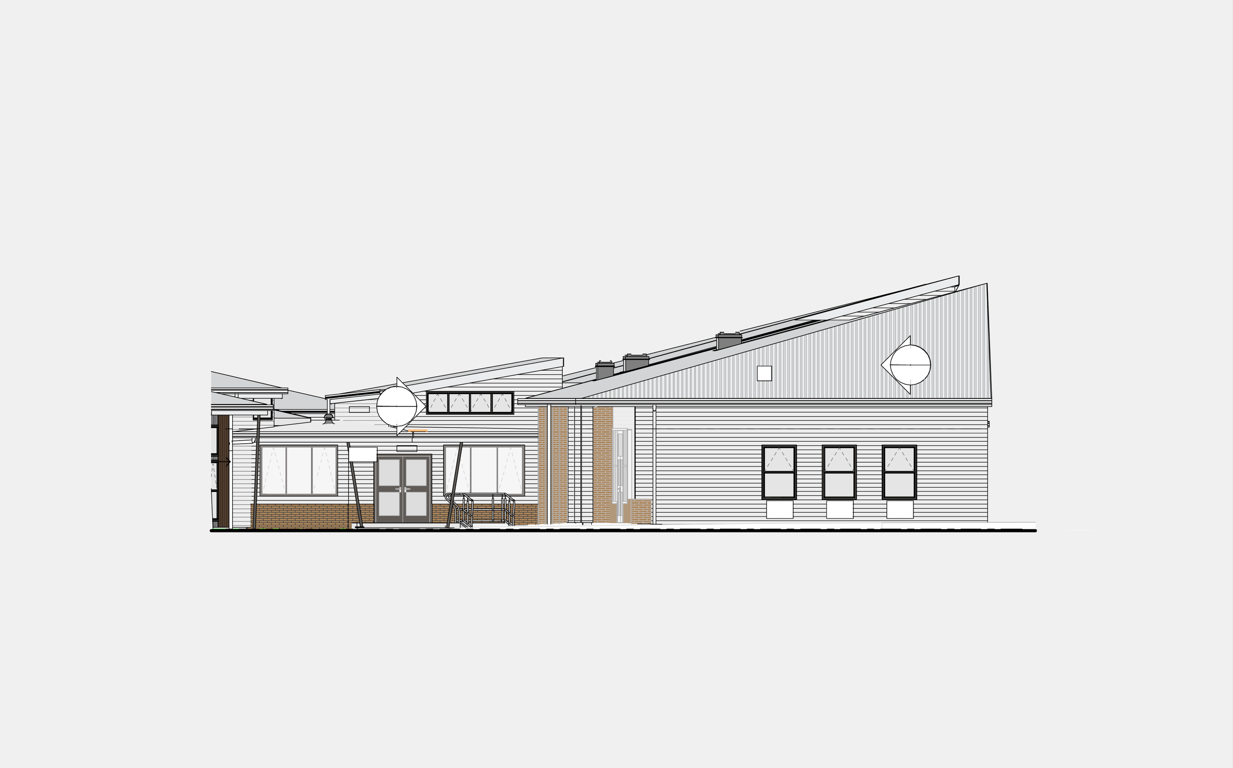 Architectural drawing of a modern building with a sloped roof, large windows, and brick accents. Grantham Group Project