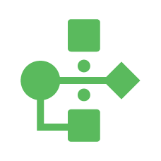 Green flowchart icon with geometric shapes and arrows