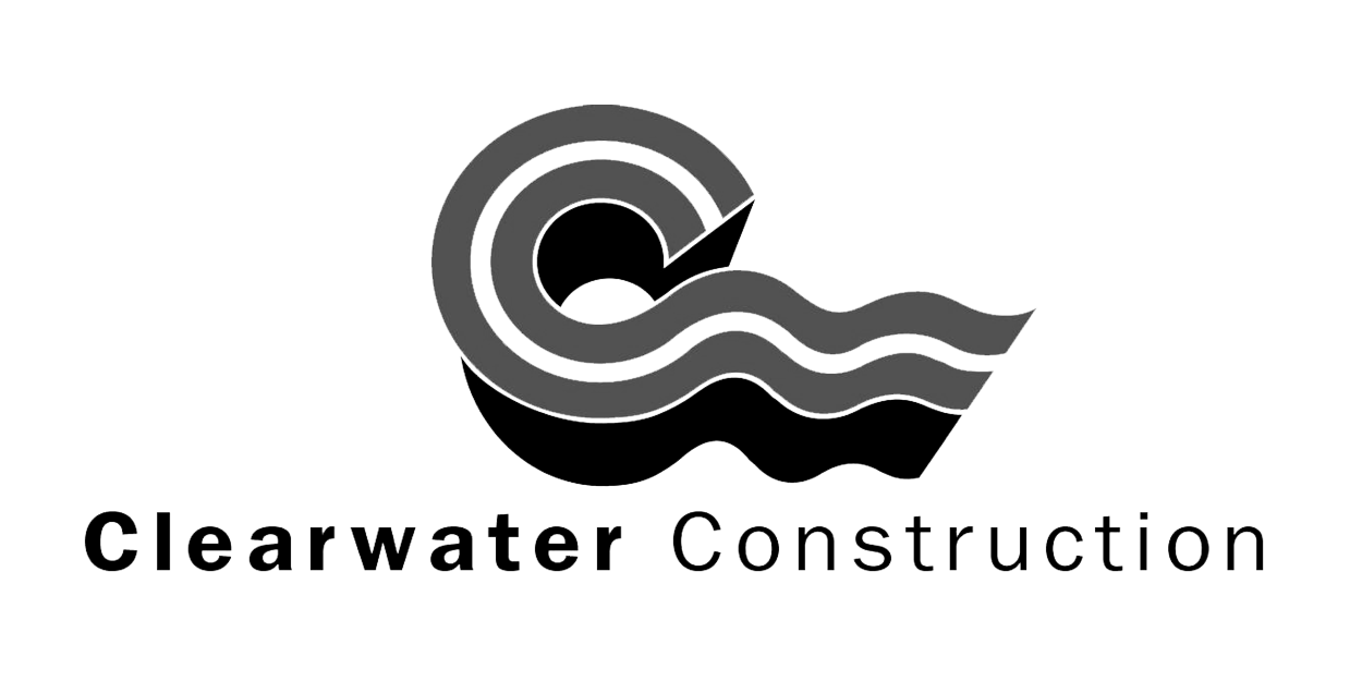 A logo featuring a stylized circular wave with the text 'Clearwater Construction' below it.
