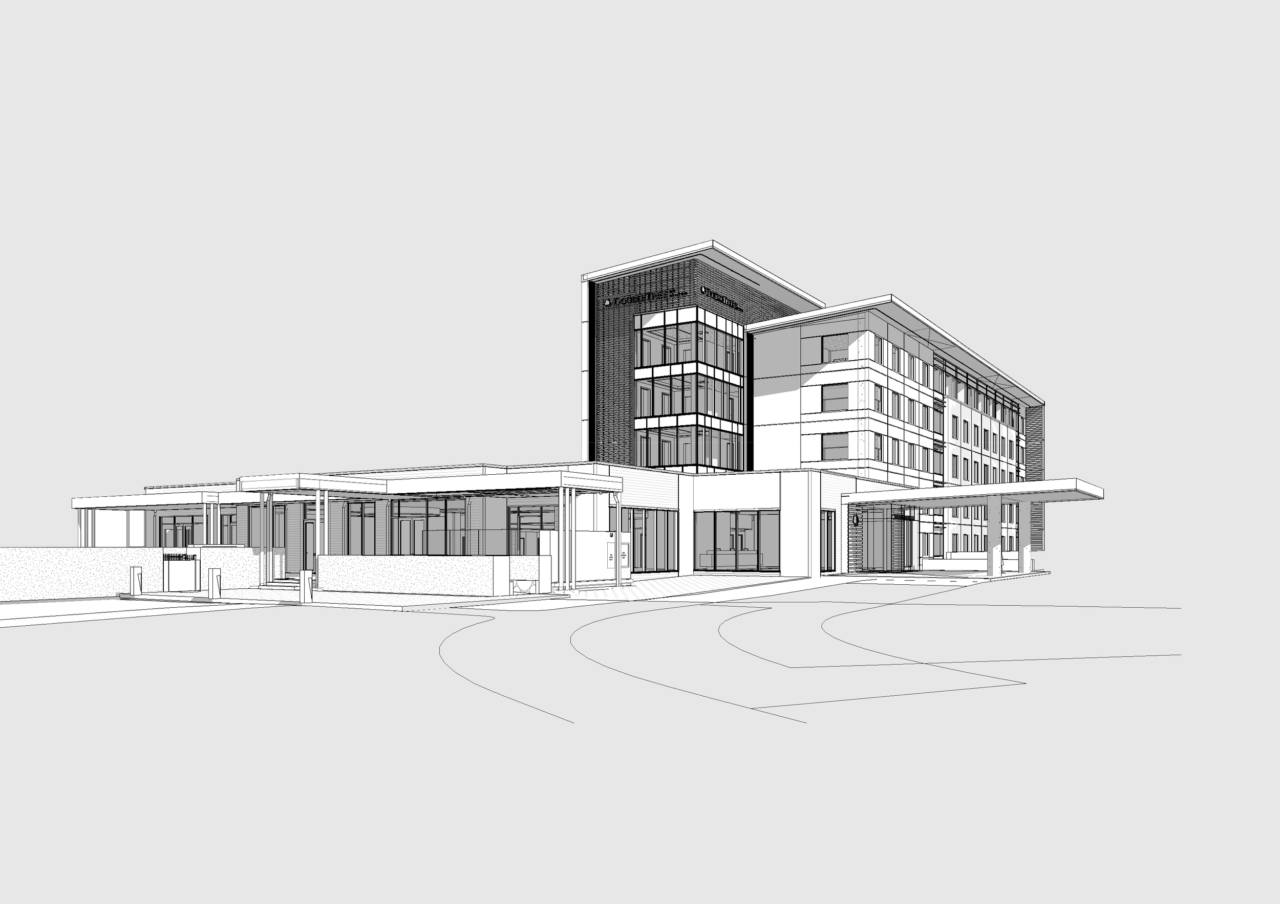 Double Tree by Hilton Karaka Black and white architectural rendering of a modern multi-story building with large glass windows, flat roofs, and a carport area in front. Grantham Group Project