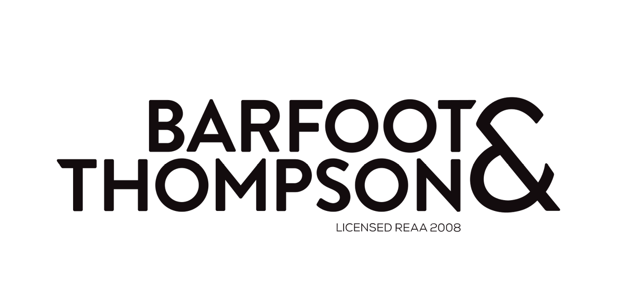 The image shows a logo with a large Y-shaped symbol at the top and the words 'Barfoot & Thompson' below it in bold, black letters.