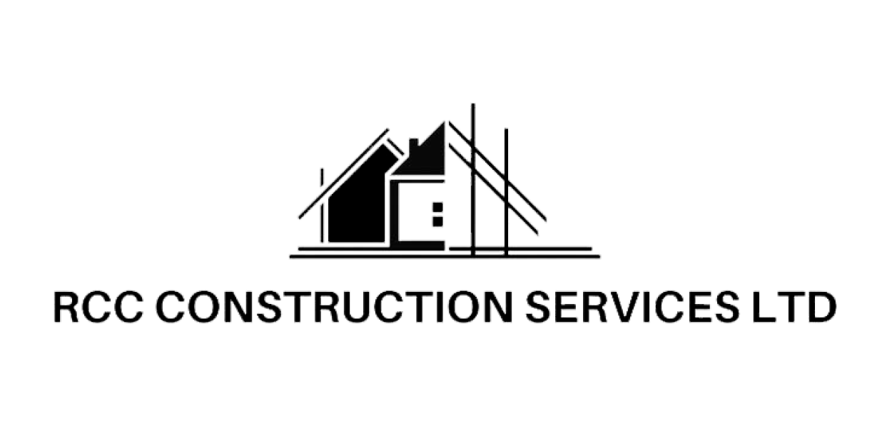 A black and white logo of RIC Construction Services Ltd, featuring a line drawing of a house with a sloped roof and a large shed or garage, and the company name underneath.