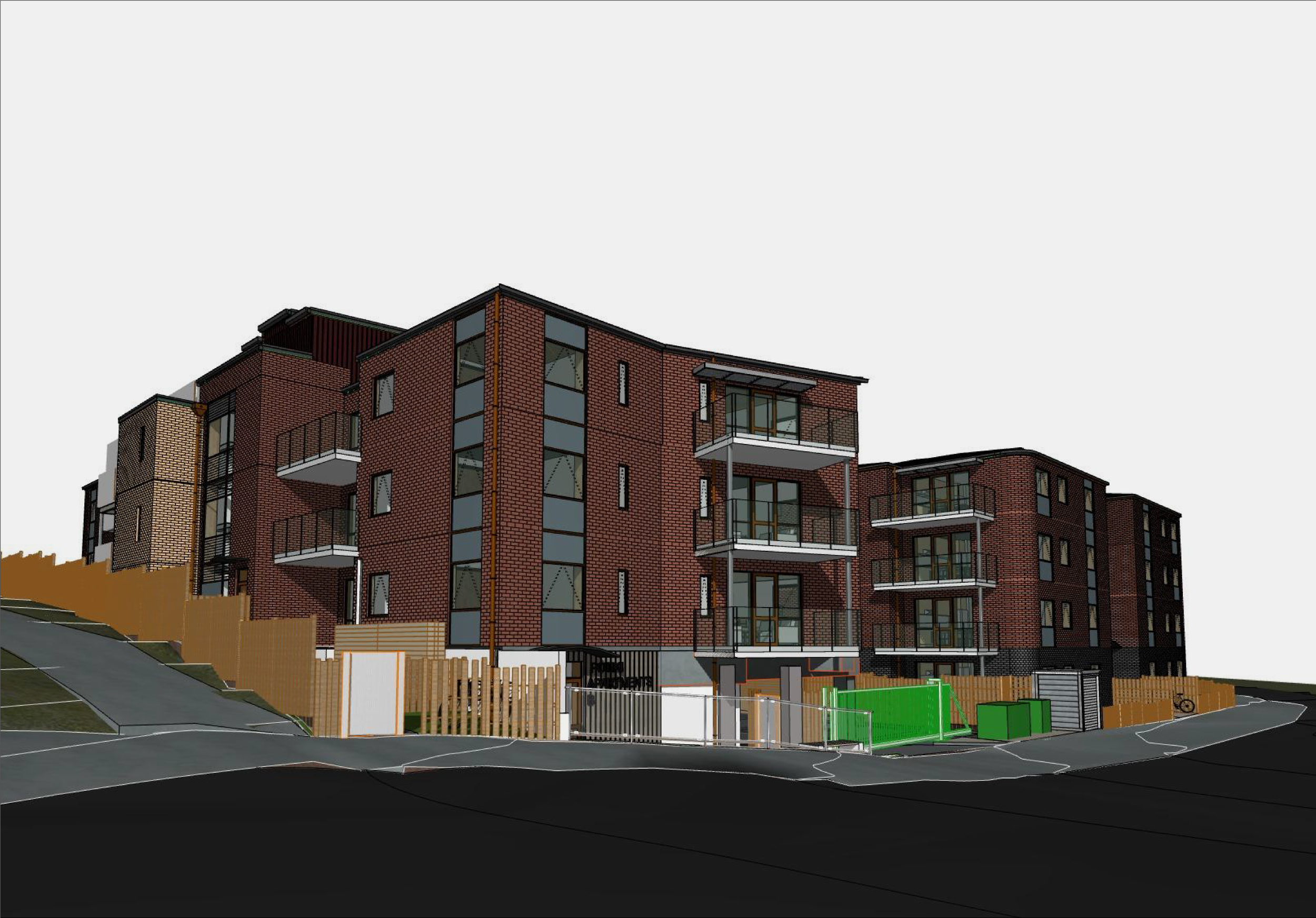 A digital rendering of a multi-story residential building with brick exterior, balconies, and large windows, situated on a sloped street. Grantham Group Project