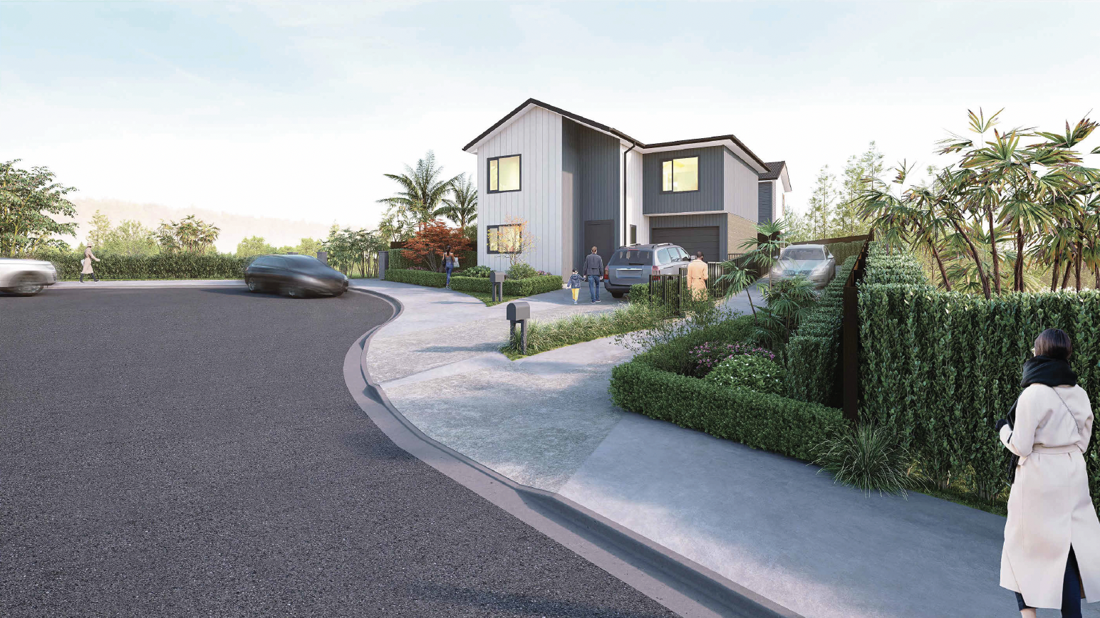 A modern two-story house with a garage, cars parked in the driveway, and people walking and standing on the sidewalk in a landscaped neighborhood. Grantham Group Project