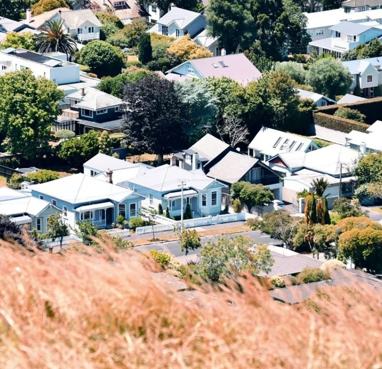 Aerial view of a neighborhood with various houses surrounded by trees and greenery, with some houses having white and pastel-colored roofs.