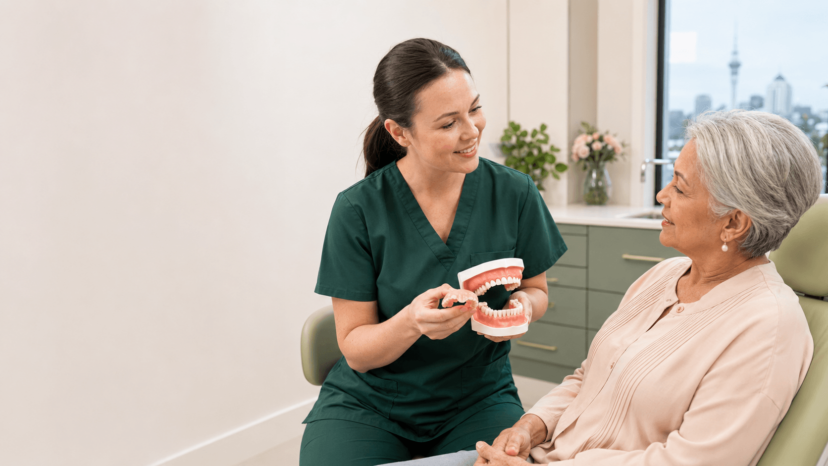 Clinician wearing green scrubs having a consultation with an old patient in a dental office