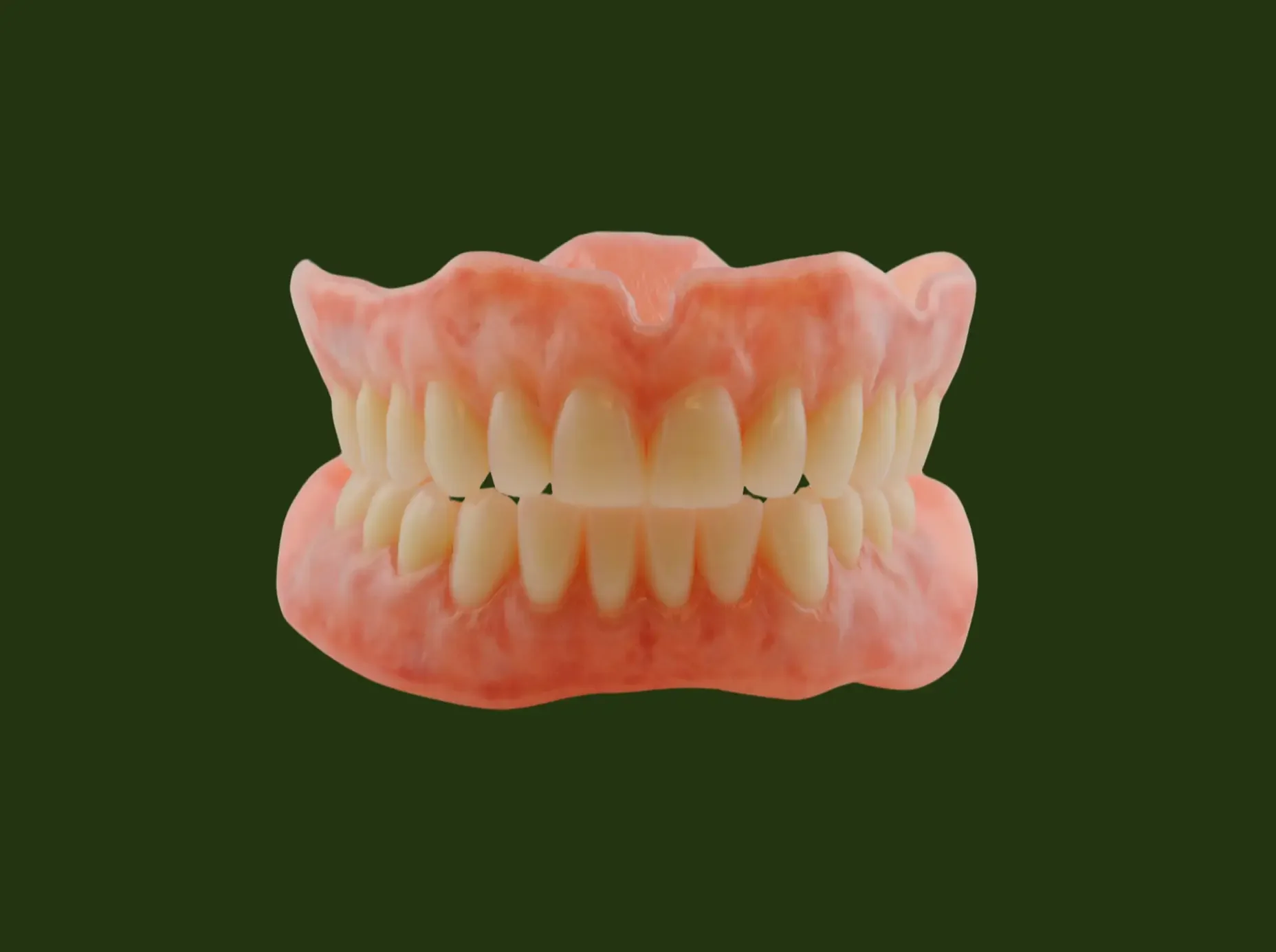 Complete upper and lower dentures on dark green background — Prestige Dentures Auckland