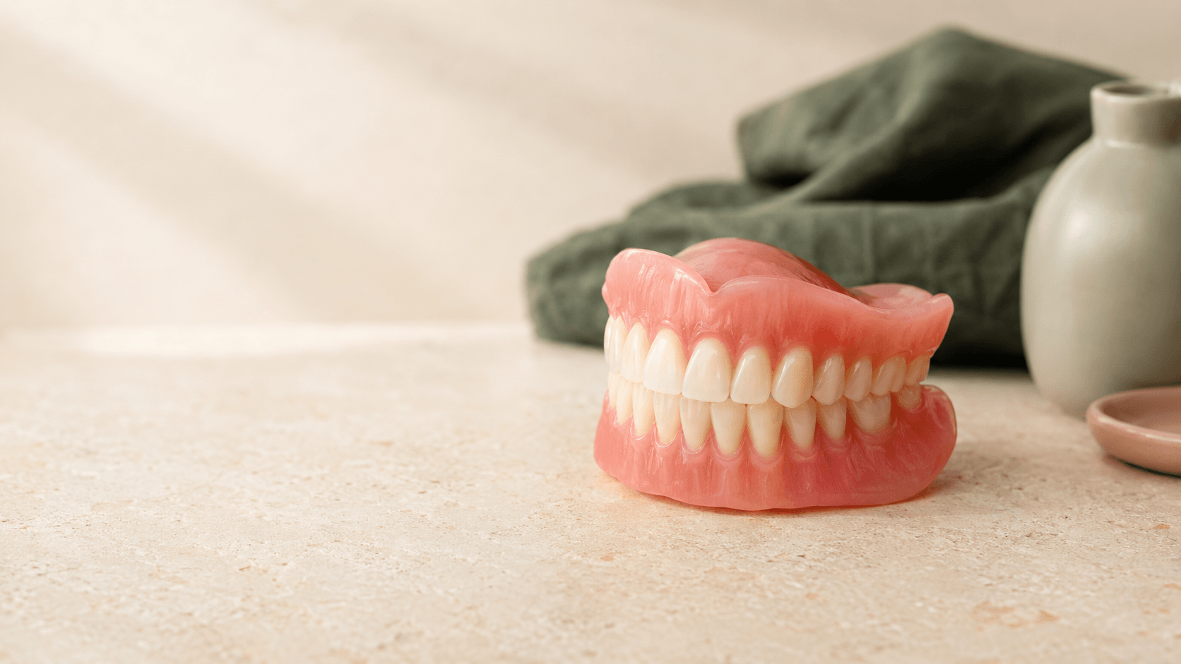 Complete dentures on a table top