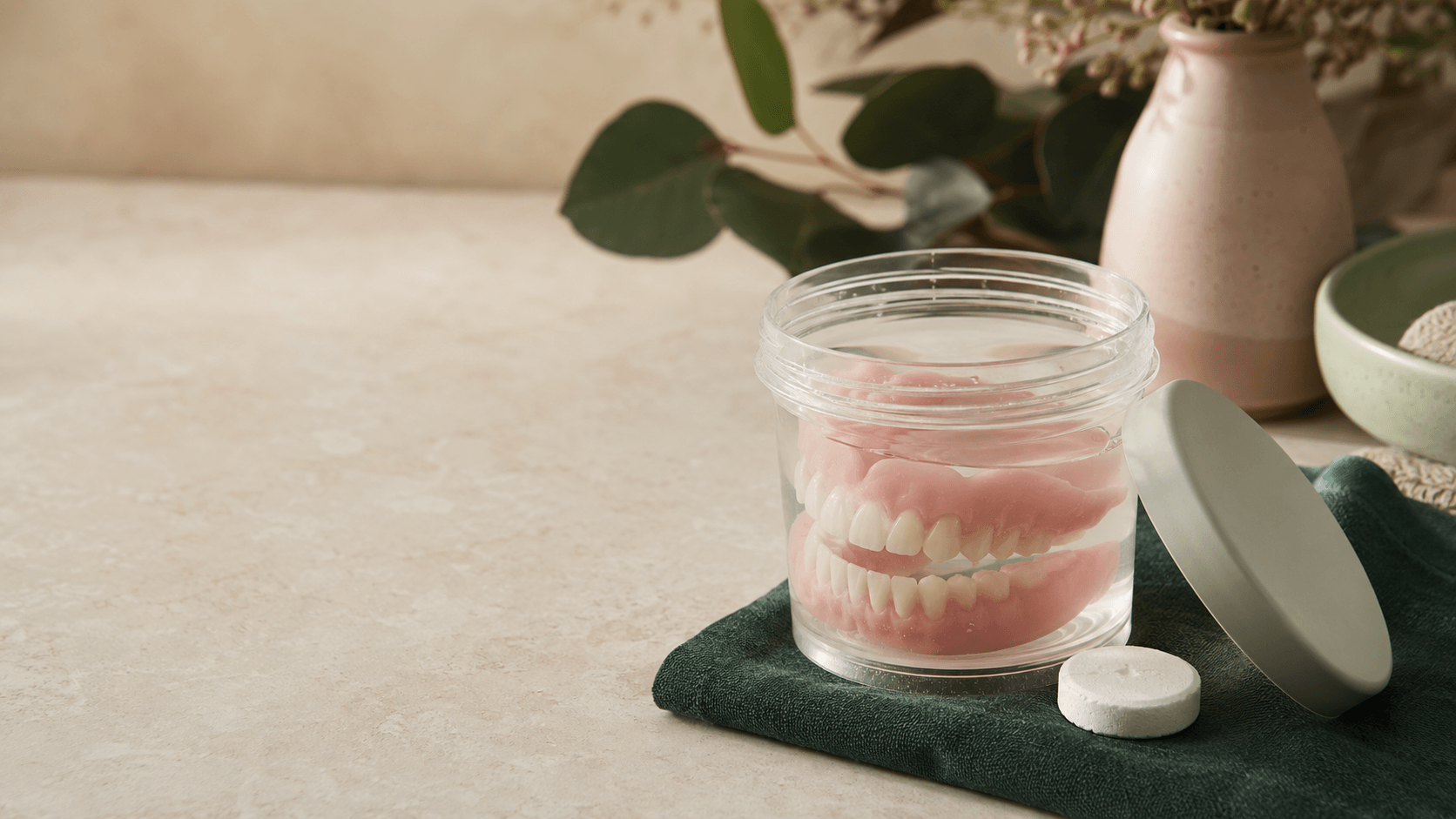 Complete dentures soaking in denture clean solution