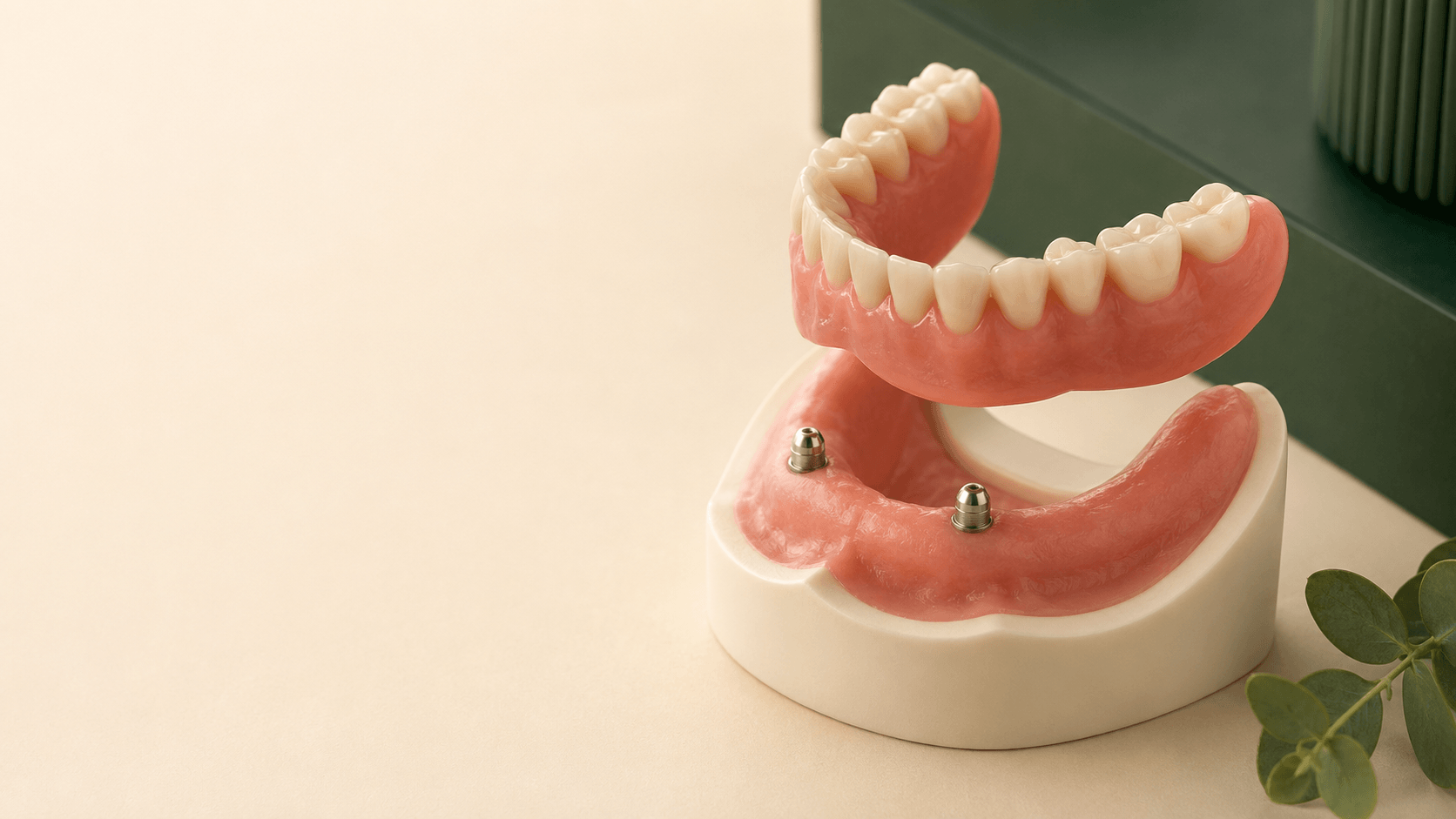 Implant overdentures on a dental model showing implant attachments- Prestige Dentures