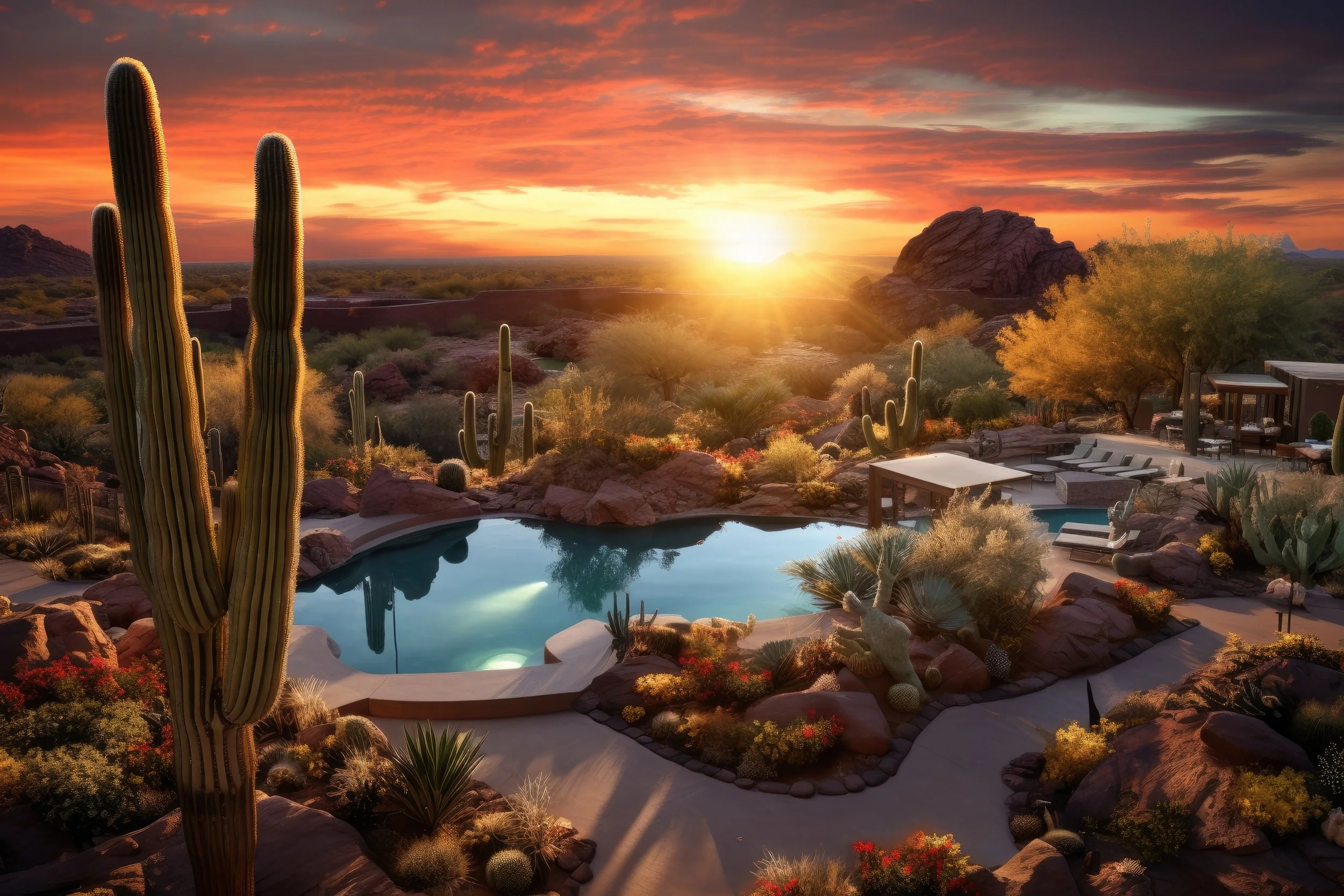 Desert landscape at sunset with a swimming pool, cacti, desert plants, rocks, and lounge chairs.