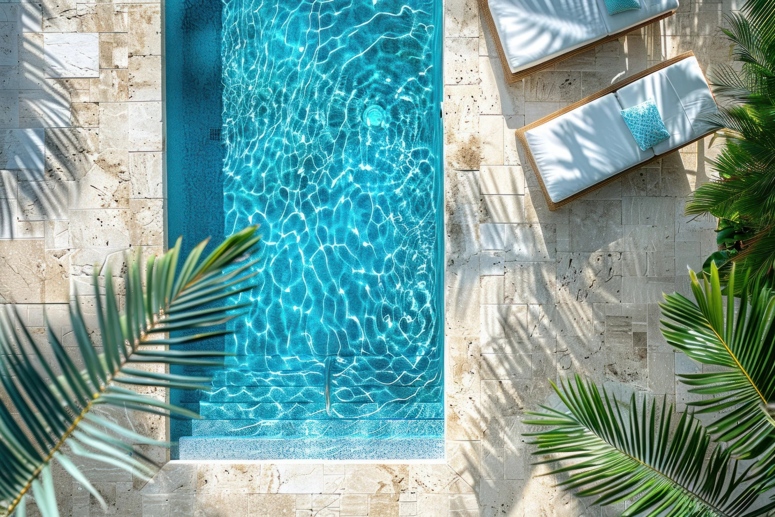 Overhead view of a swimming pool surrounded by beige stone tiles, with two lounge chairs with white cushions and blue accent pillows, partially shaded by green palm leaves.