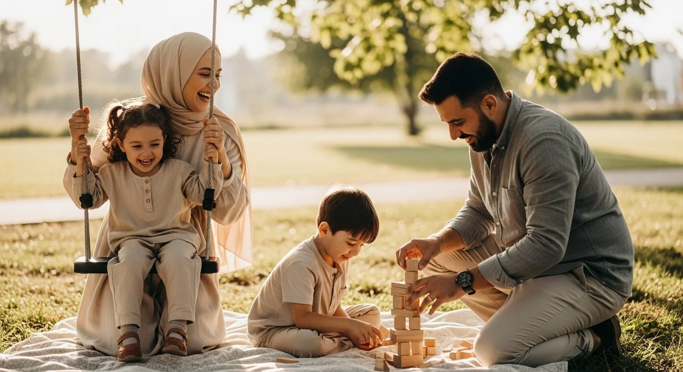 A family enjoying time outdoors: a woman wearing a hijab and two children, a girl and a boy, playing on a swing and building with wooden blocks on a blanket in a park during daylight.