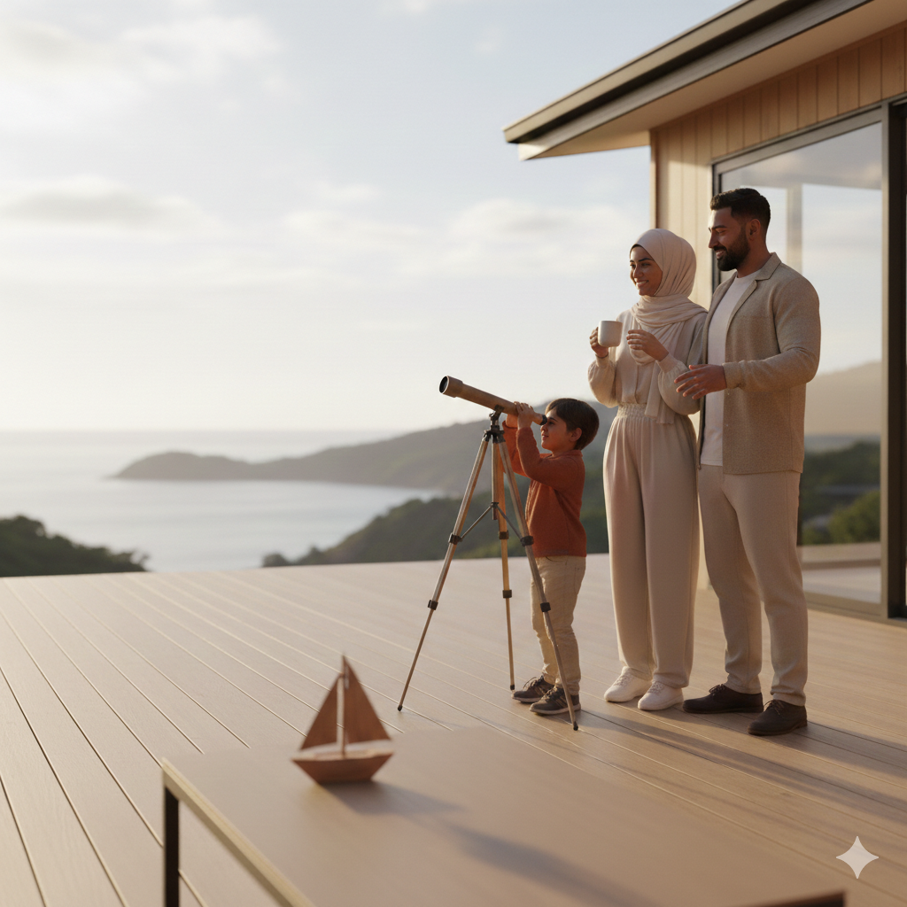 A family of three, including a woman wearing a hijab, a man, and a young boy, standing on a wooden deck overlooking the ocean. The woman and man are smiling and holding mugs, while the boy is looking through a telescope. There is a small model sailboat on a table in the foreground, and the scene is set during sunset or sunrise with a partly cloudy sky.