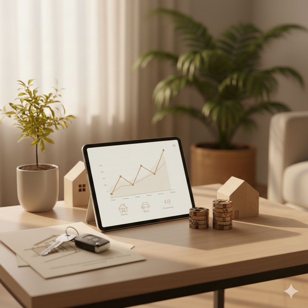 A wooden desk with a tablet displaying a rising financial or sales growth graph, potted plants, wooden house models, stacks of coins, car keys on paper, and a notebook in a well-lit room with curtains.