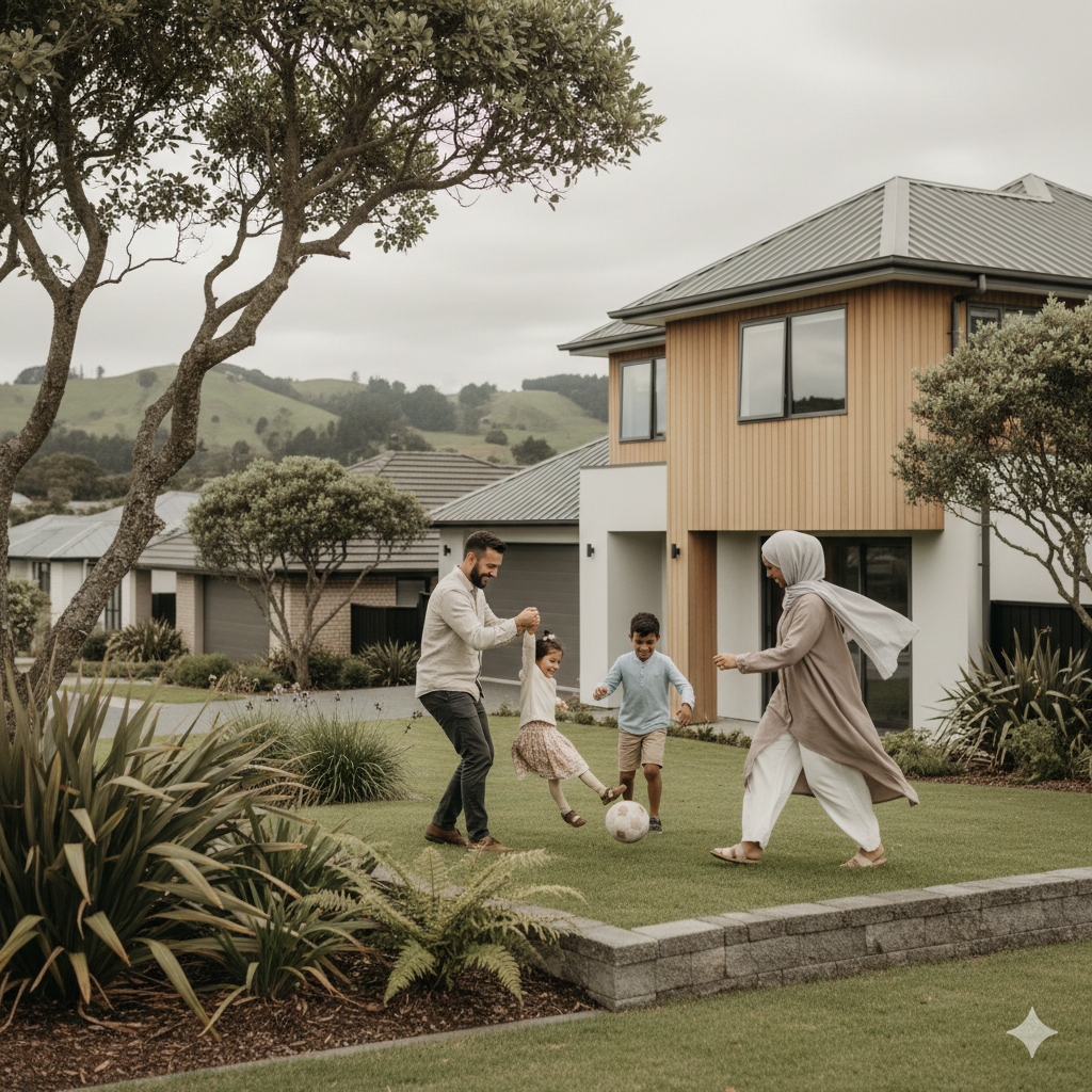 Family playing soccer on the front lawn of a modern house with a mountain view in the background.