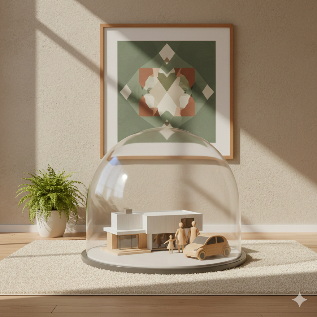 A miniature wooden family house model with small wooden figures of a family and a wooden car under a clear plastic dome, with a green abstract artwork on the wall and a potted fern plant on a beige rug in a room with sunlight and shadows.