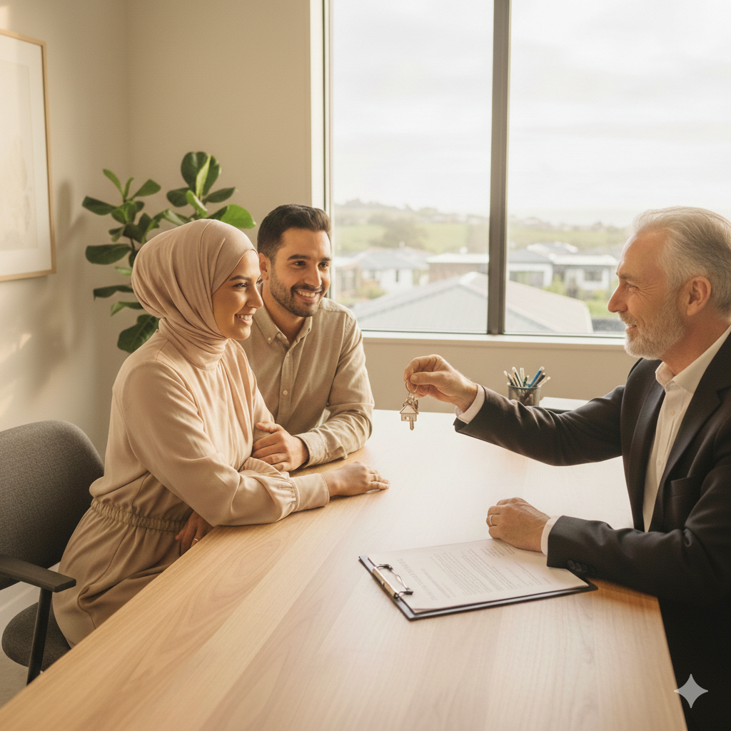 A couple sitting at a table in a real estate office, smiling as a real estate agent hands over house keys during a home purchase closing.
