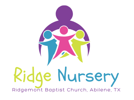 Logo for Ridge Nursery at Ridgemont Baptist Church in Abilene, TX, featuring stylized colorful children figures around a purple circle with the text "Ridge Nursery" and location details.