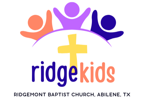 Logo of Ridge Kids, a ministry at Ridgemont Baptist Church in Abilene, Texas, featuring three colorful children figures, a yellow cross, and the text "ridge kids".