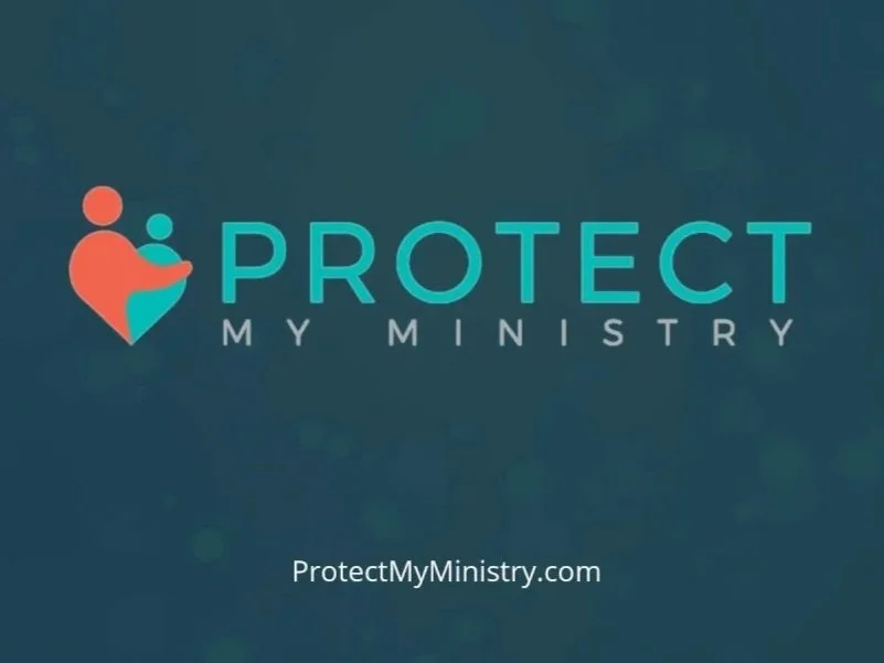 Logo with a stylized heart and two human figures, one larger and one smaller, in red and blue. Text reads 'PROTECT MY MINISTRY' and the website 'ProtectMyMinistry.com'.