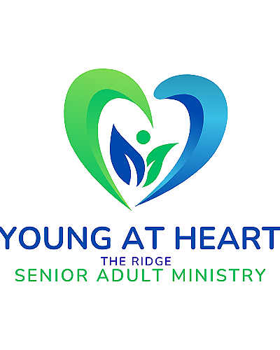 Logo with a green and blue heart and human figure, with text "YOUNG AT HEART," "THE RIDGE," and "SENIOR ADULT MINISTRY."