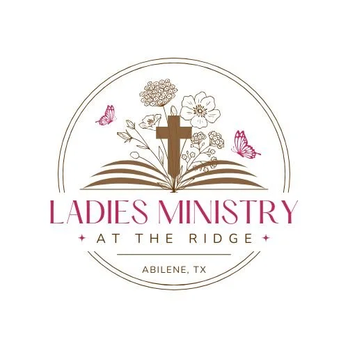 Logo for Ladies Ministry at the Ridge in Abilene, Texas, featuring a cross, flowers, butterflies, and open book.
