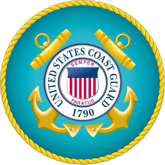 Seal of the United States Coast Guard featuring an anchor, a rope border, and a shield with red and white stripes and a blue top with stars.
