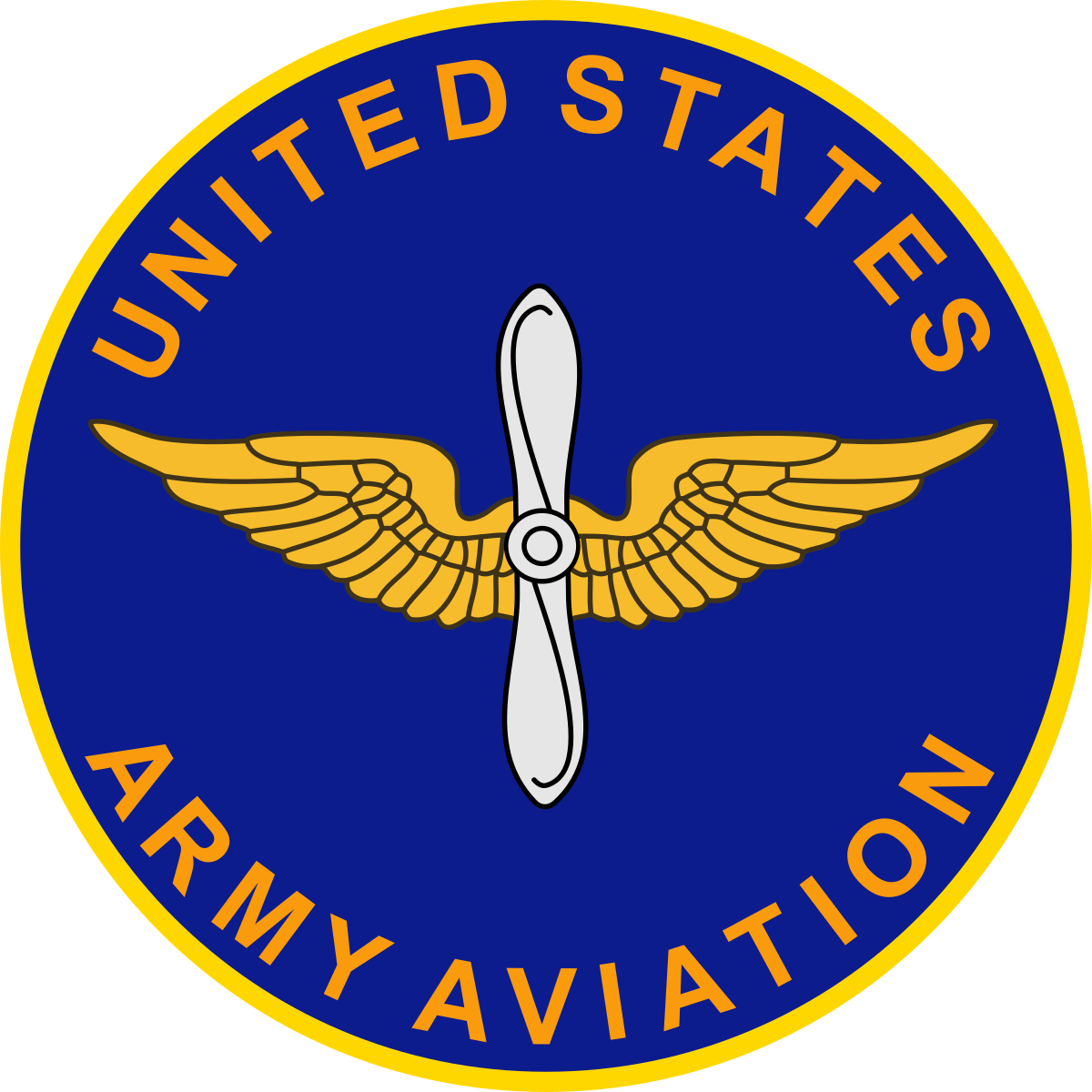 United States Army Aviation emblem with wings and a helicopter blade in the center.