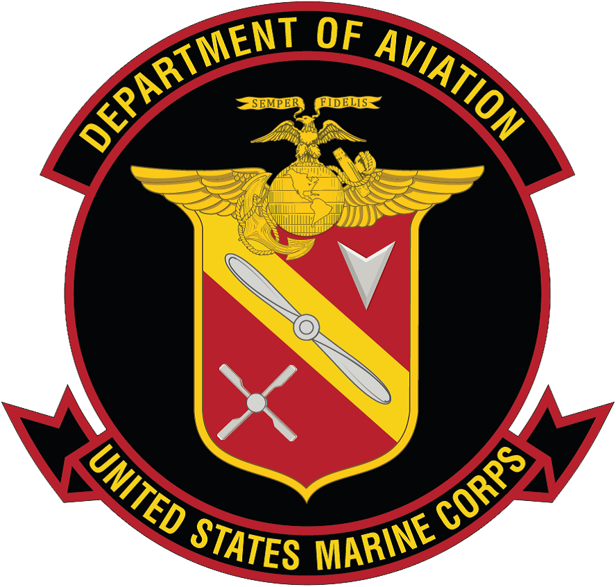 Seal of the Department of Aviation United States Marine Corps featuring a shield with a helicopter rotor, a wrench, and a propeller, topped with an eagle and globe, with a banner reading 'Semper Fidelis' and the organization name around the circle.