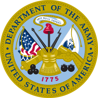 Official seal of the U.S. Department of the Army featuring crossed cannons, a flag, lightning bolts, a drum, and the motto "This We'll Defend," with a red crest and the year 1775.