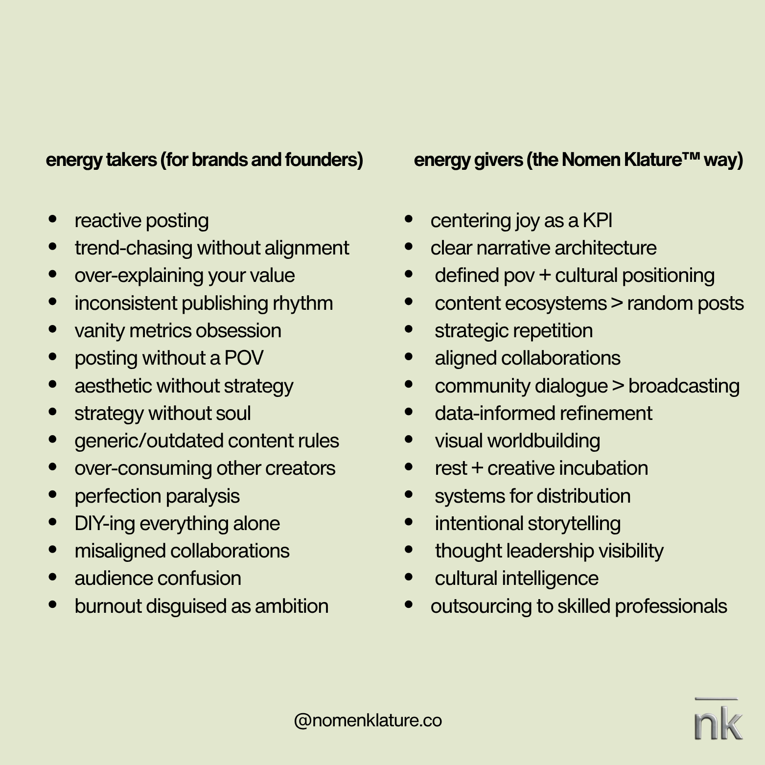 energy takers (for brands + founders) vs. energy givers (the Nomen Klature way) 🪐📂