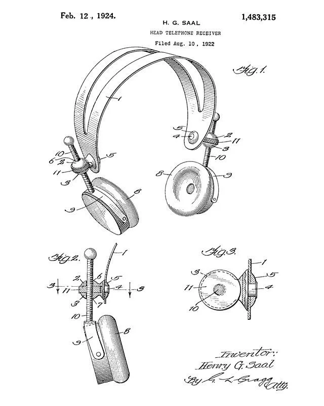 Patent technical drawing for a “Head Telephone Receiver” (an early version of headphones) invented by Henry G. Saal from 1924.

aka the AirPod maxes great-great-great-grandfather 🎧🪐✨