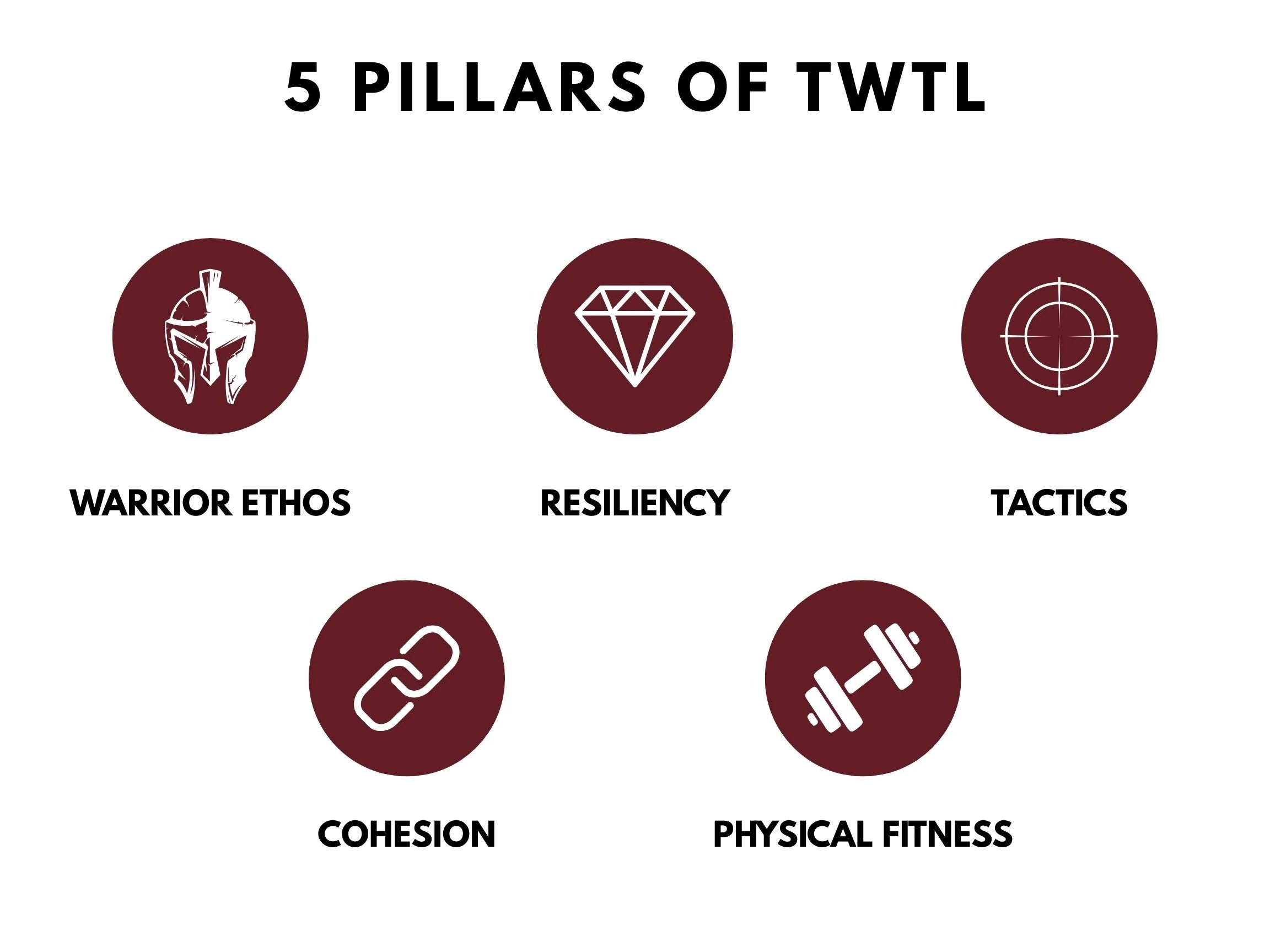 Five maroon circles with white icons representing the five pillars of TWTL: warrior ethos (helmet icon), resiliency (diamond icon), tactics (target icon), cohesion (link chain icon), physical fitness (dumbbell icon).