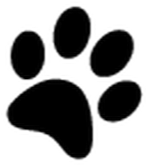 Black paw print with five toes and a pad on a white background.