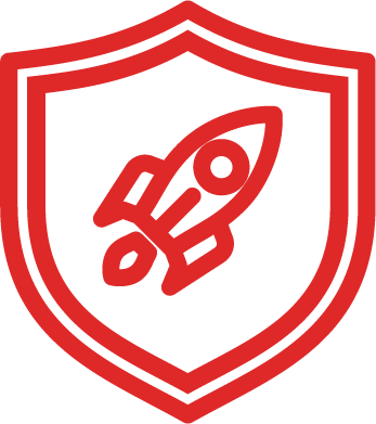 A red shield with a rocket in the center.