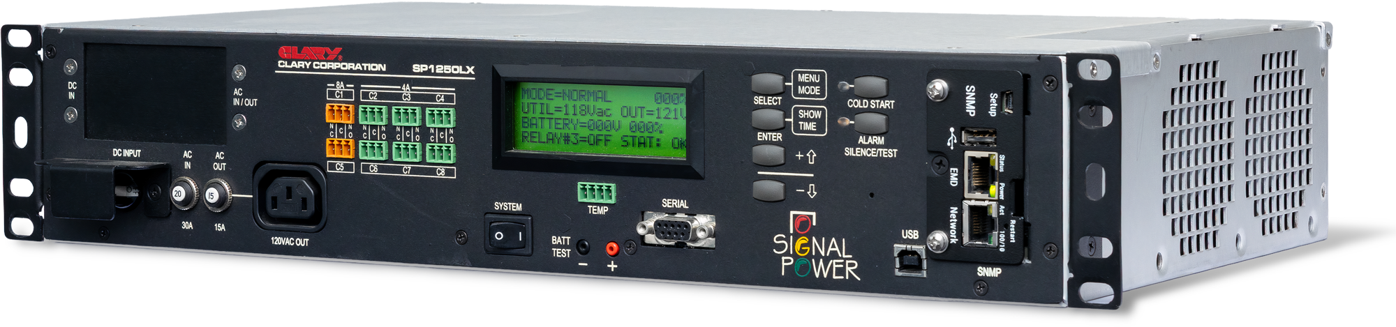 A Clary signal power synchronization device with a digital screen, ports, buttons, and labels on its front panel.
