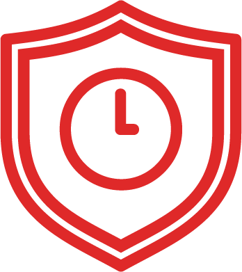 A red shield with a clock in the center.