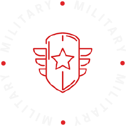 Red traffic light illustration surrounded by the text 'MILITARY' in white.
