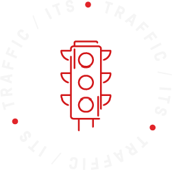 Red traffic light illustration surrounded by the text 'TRAFFIC / ITS' in white.