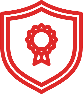 A red shield with a ribbon in the center.