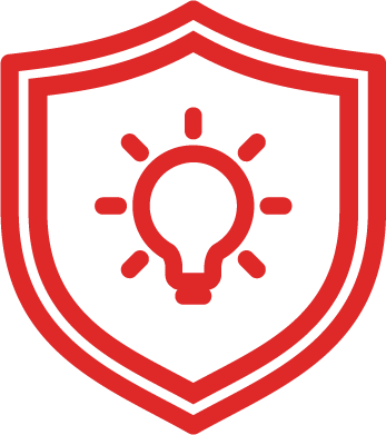 A red shield with a lightbulb in the center.