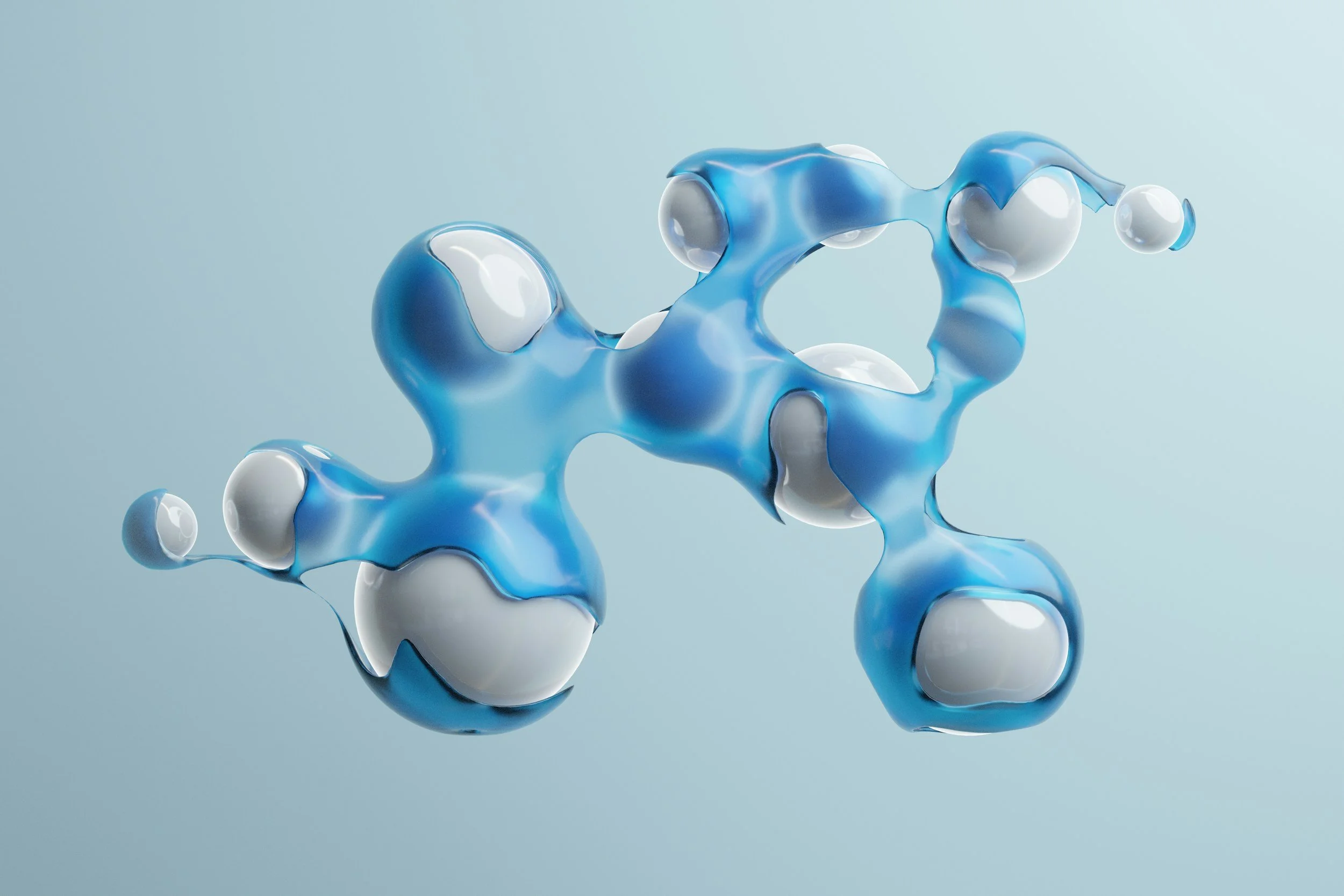 A digital illustration of molecular structures with blue and white spheres interconnected with blue and gray bonds.