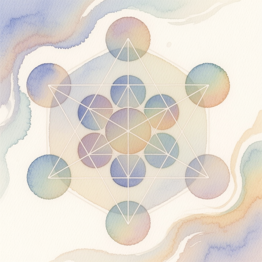 Watercolor abstract with overlapping circles, hexagon, and star overlay in pastel colors.