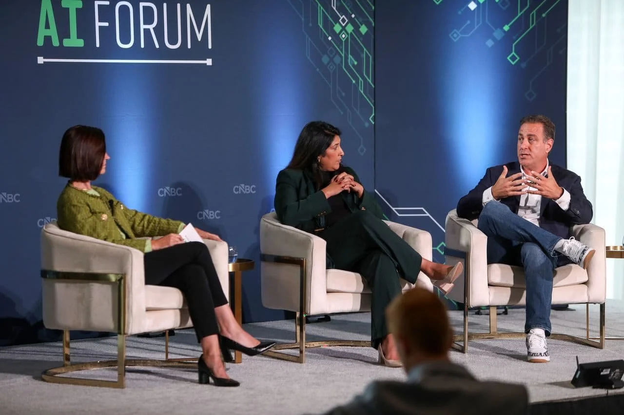 Contessa Brewer on stage at the CNBC AI Forum in Dallas with Navrina Singh and Michael Fey