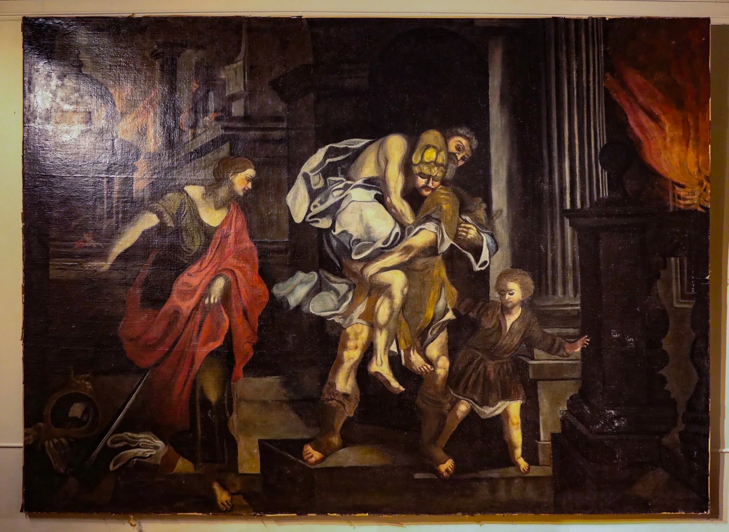 Unique statement piece is over 7 feet in height and over 10 feet in length.  This magnificent, moody, and dramatic 17th Century Italian Oil Painting "The Burning of Troy" is from an ancestral palazzo in Lazio, Italy.  Circa 1680.  88"h x 122"w