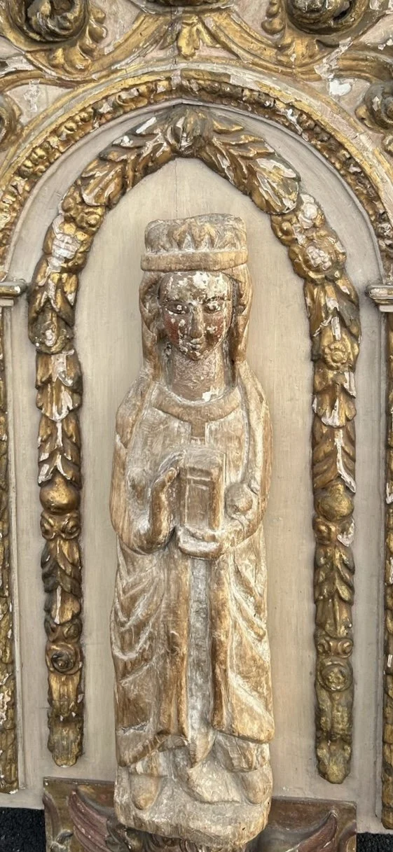 Catholic panneau de bois with Madonna, angels, and beautiful carving.  52" h x 26" w x 7" d