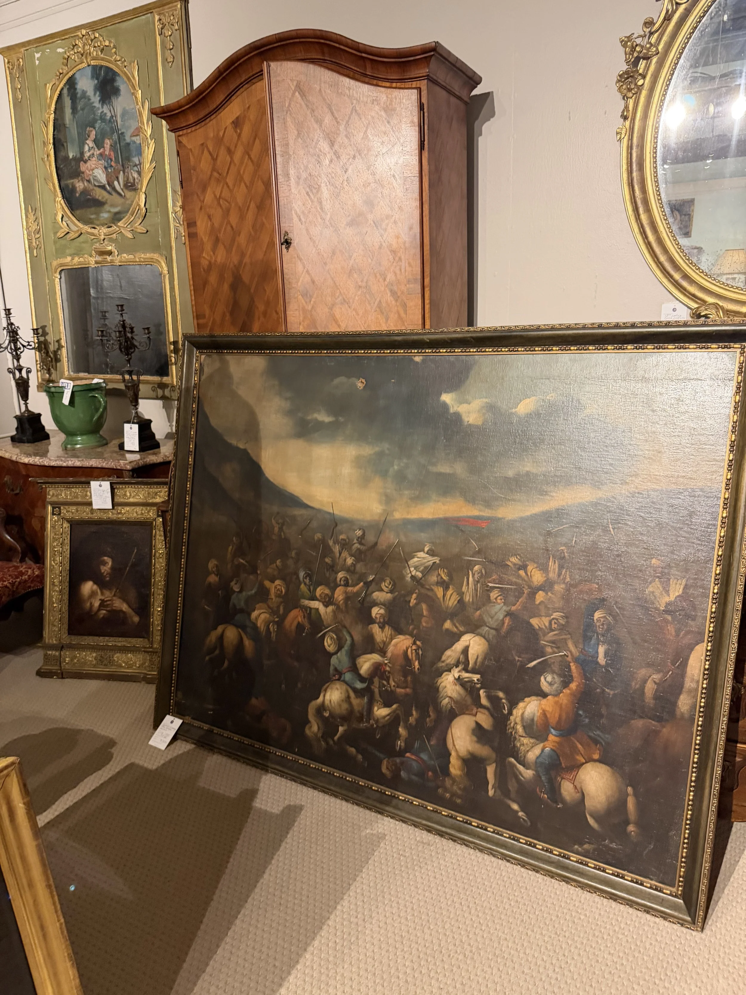 "Una Batala Morisca" - Spainish oil painting depicting a battle between the Moors and the Catholic Catalans.  Circa 1720.  57" h x 72" w