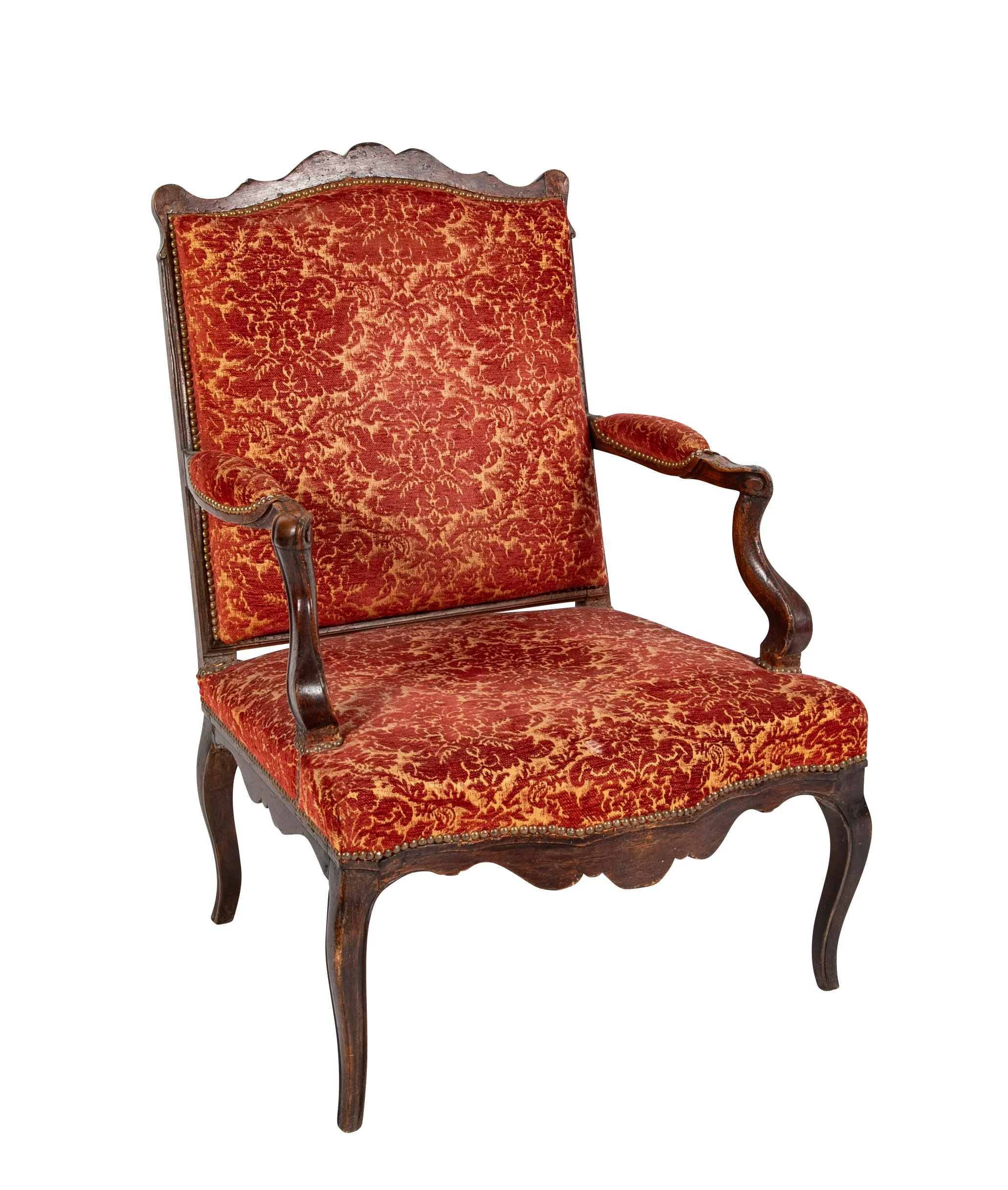 Late 18th century French Chaise Regence upholstered in red fabric with nailhead trim.  Circa 1780.  28" w x 23.75" d
